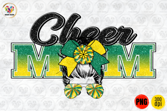 Cheer Mom, Messy Bun, Green Yellow PNG