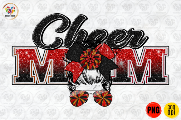 Cheer Mom, Messy Bun, Red Black PNG